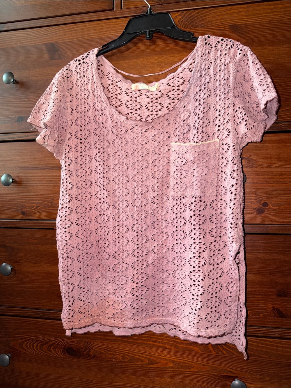 Free People FP Beach Crochet Pointelle Knit Pocket Tee Dusty Mauve S